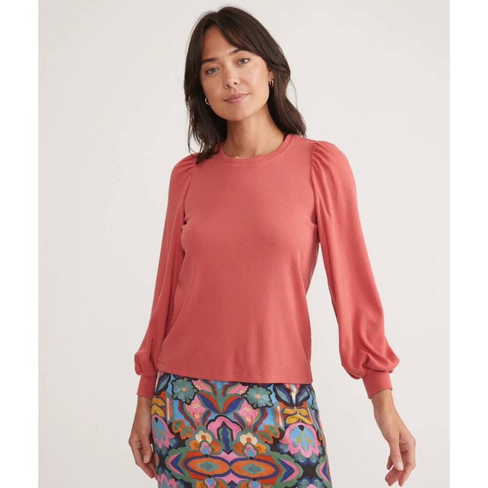 Marine Layer Lexi Rib Puff Sleeve Top in Mineral Red